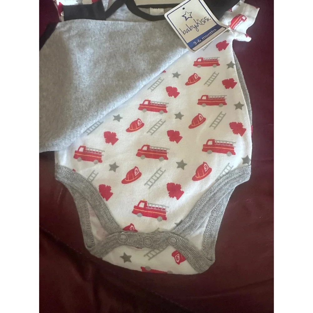 Baby Kiss Boys Fire Truck Bodysuits 5 Pack Grey Red White 3-6 Months NWT